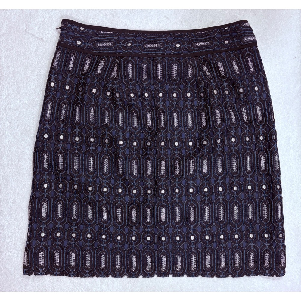 Ann Taylor LOFT Navy Blue Black Metallic Lace Mini Skirt Patch Pockets Size 0
